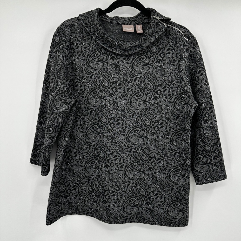 Chicos Black Silver Metallic Paisley Cowl Neck Shoulder Zip Top Size 2 Large